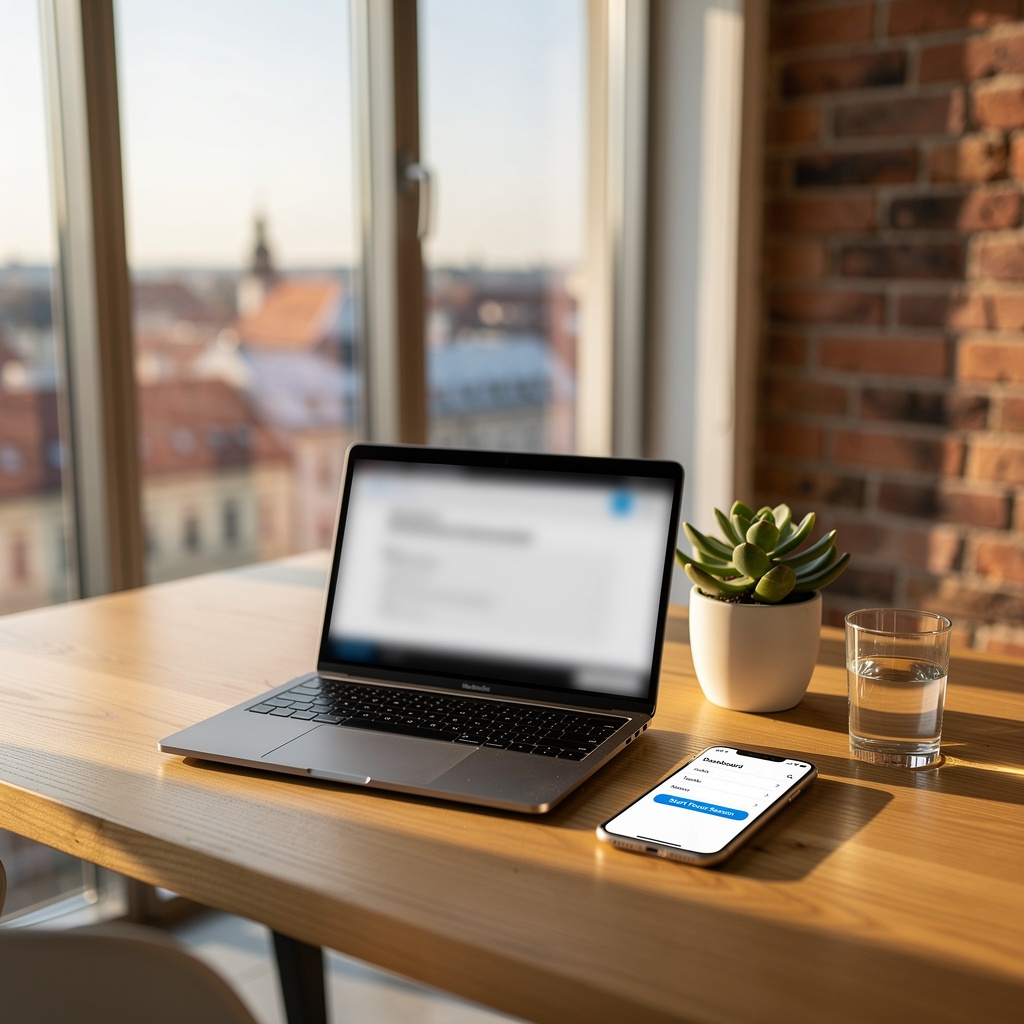 Professional workspace in Brno with iPhone and notebook on desk