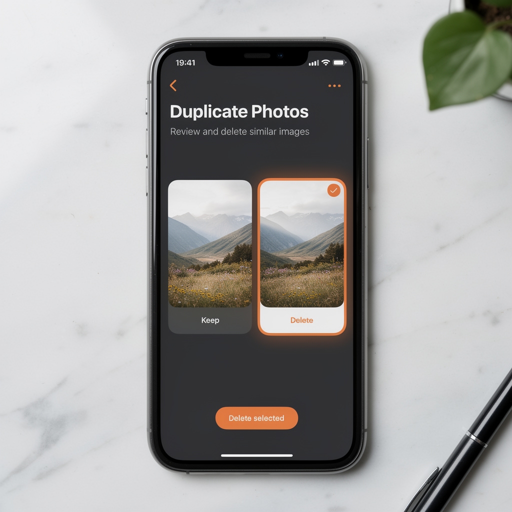 Side-by-side comparison of duplicate photos on iPhone screen for review and deletion