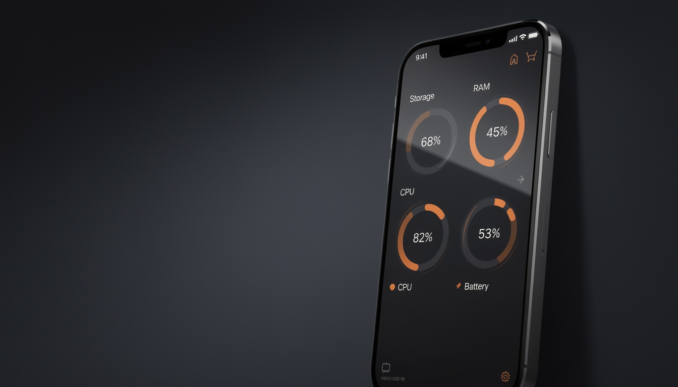 Cleanup Pro system monitor dashboard showing RAM, CPU, storage, and battery status on iPhone