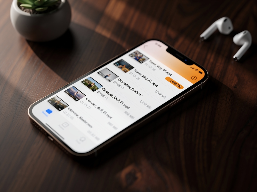 iPhone screen showing a list of large video files sorted by size for storage management